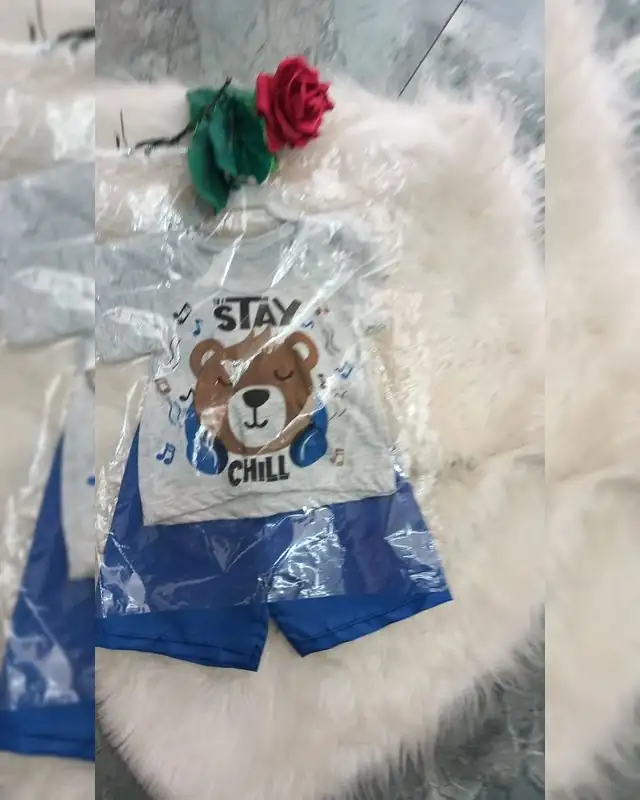 Conjunto infantil camiseta cinza com urso e short azul