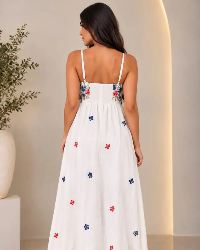 Vestido longo branco de alcinha com flores bordadas, foto 2 de 2