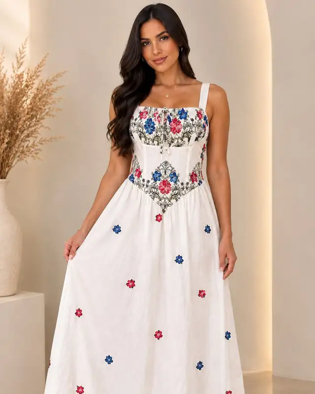 Vestido longo branco de alcinha com flores bordadas