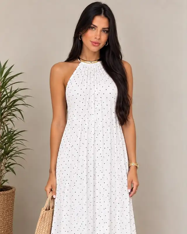 Vestido longo branco de poá frente única
